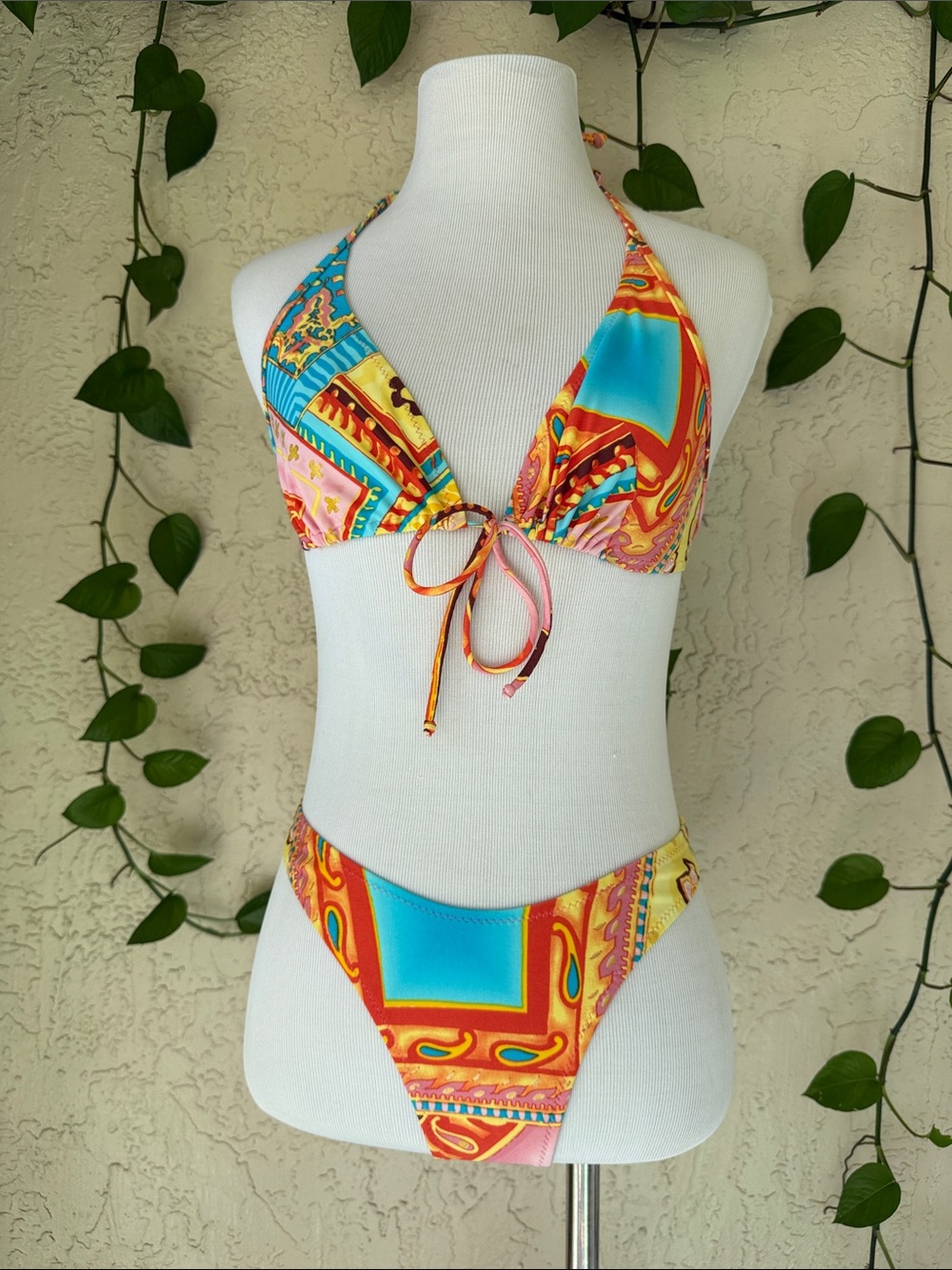 Vibrant Multi-Color Halter Bikini Set - Blue & Orange